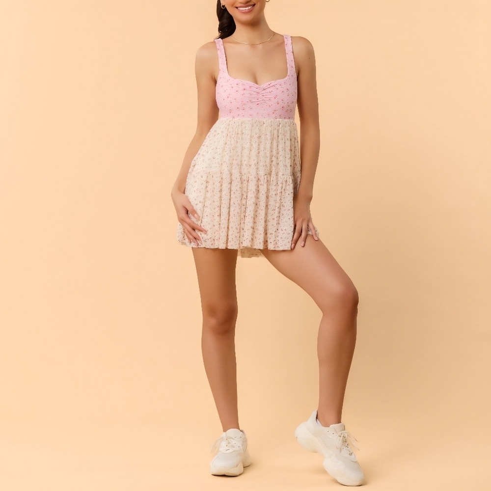 NWT Blogilates Women's Sweetheart Babydoll Dress, Pink Floral